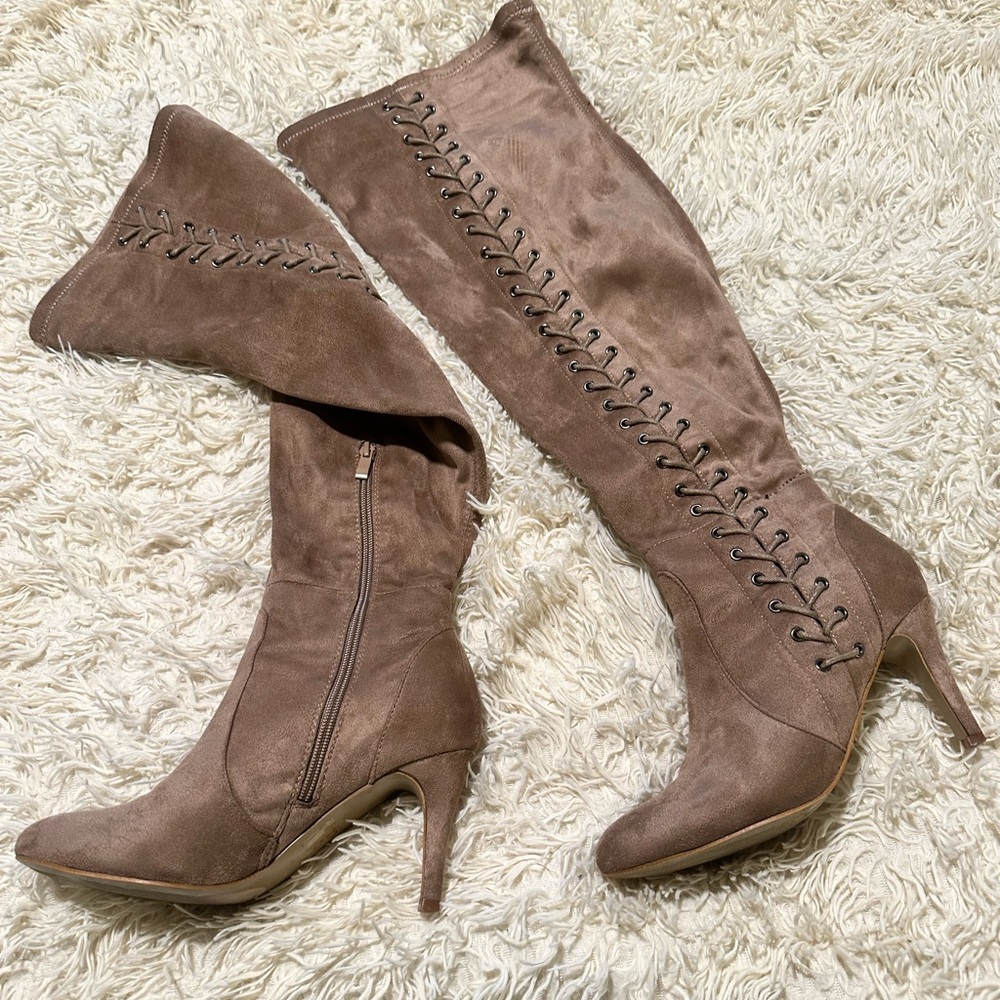 Journee Collection Brown Suede Lace-Up Knee-High Heeled Boots